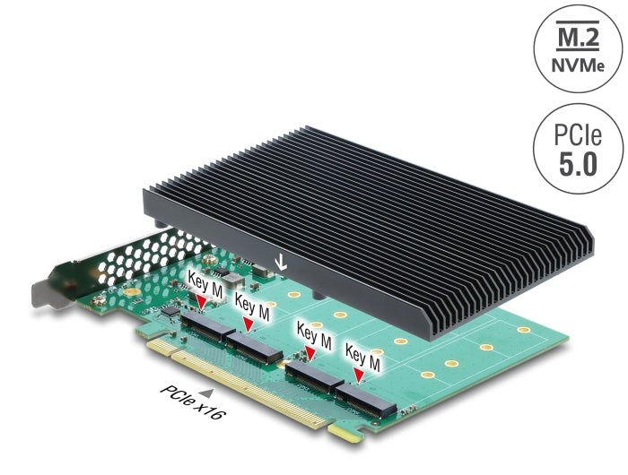 Delock PCI Express 5.0 x16 Karte zu 4 x intern NVMe M.2 Key M mit Kühlkörper - Bifurcation
