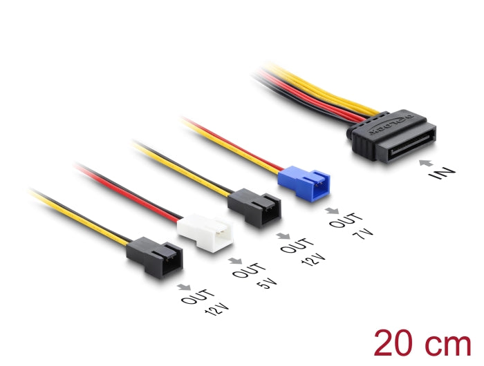 Delock Stromversorgungskabel SATA 15 Pin Stecker zu 4 x 2 Pin Lüfter (12 V / 7 V / 5 V) 20 cm