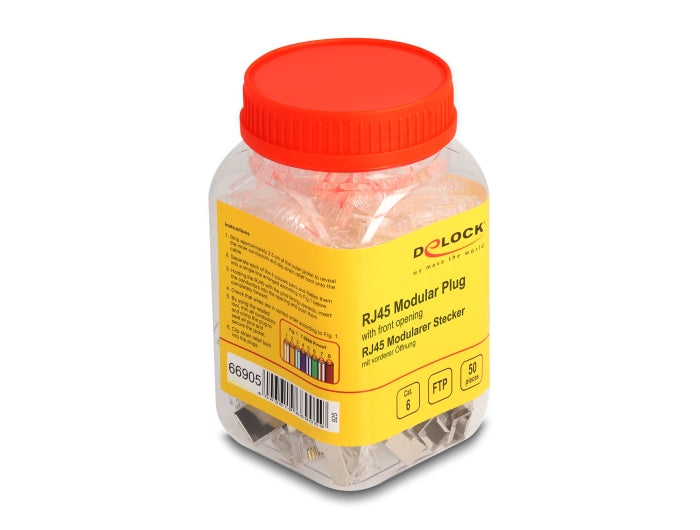 Delock RJ45 Modularer Stecker mit vorderer Öffnung (easy connect) Cat.6 und Knickschutztülle 50er Set