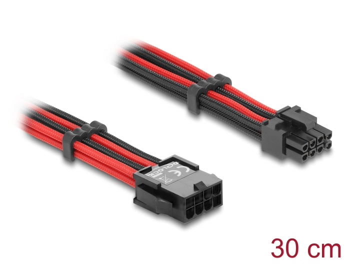 Delock Verlängerungskabel 8 Pin Stecker zu 6 + 2 Pin PCIe Buchse Textilummantelung rot-schwarz 30 cm