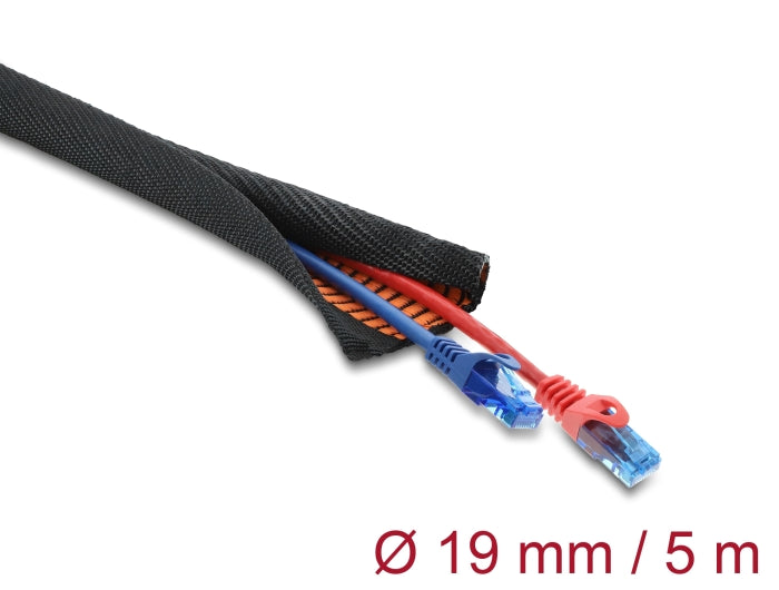Delock Kabelschutzschlauch mit orangener Verschleißanzeige selbstschließend doppellagig 5 m x 19 mm schwarz