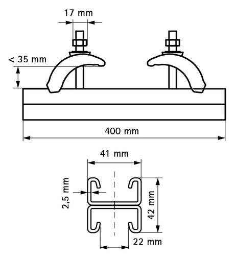 WALRAVEN Trägerklemmset Strut 41x21D fverz. 41x110x400 bis Flanschstärke 35mm