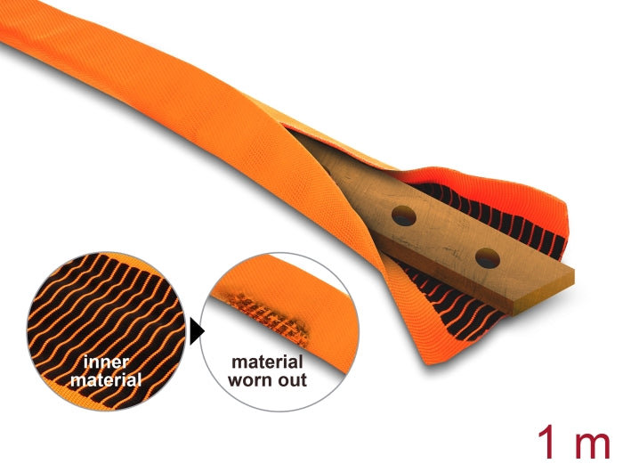 Delock Doppellagiger flachliegender Schutzschlauch 40 x 16 mm mit schwarzer Verschleißanzeige, für Kabel oder Kupfersammelschienen, PET, orange 1 m