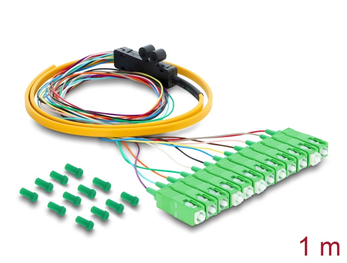 Delock LWL Pigtail Fanout Kabel 12 x SC-APC Simplex Stecker zu 12 x offenes Kabelende 1 m