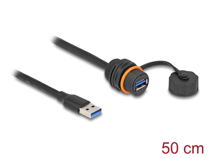 Delock USB 5 Gbps Kabel USB Typ-A Stecker zu USB Typ-A Buchse zum Einbau mit M20 Gewinde und Verschlusskappe IP68 staub- und wasserdicht 50 cm schwarz