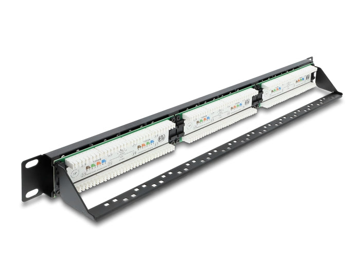 Delock 19″ 1 HE Patchpanel 24 Port Cat.6 mit LED und Entlastungsschiene ungeschirmt schwarz