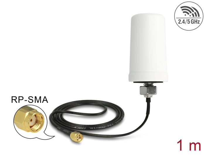 Delock WLAN 802.11 ac/a/h/b/g/n Antenne RP-SMA Stecker 1,4 - 3 dBi omnidirektional mit Anschlusskabel (ULA 100, 1 m) weiß outdoor