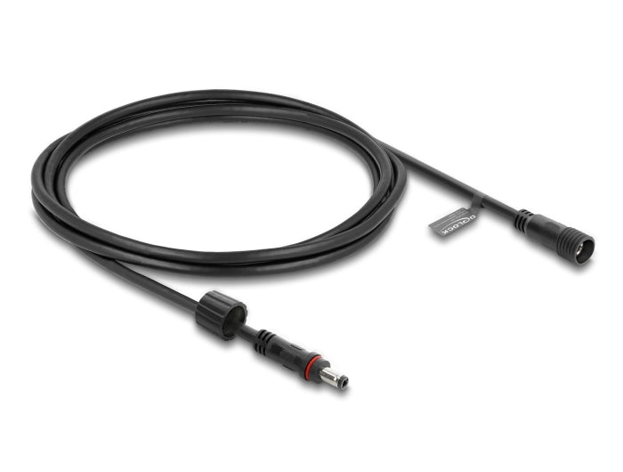 Delock DC Verlängerungskabel 5,5 x 2,1 mm Stecker zu Buchse mit Schraubverschluss M12 x 1,75 mm Gewinde wasserfest 18 AWG, 2 m schwarz