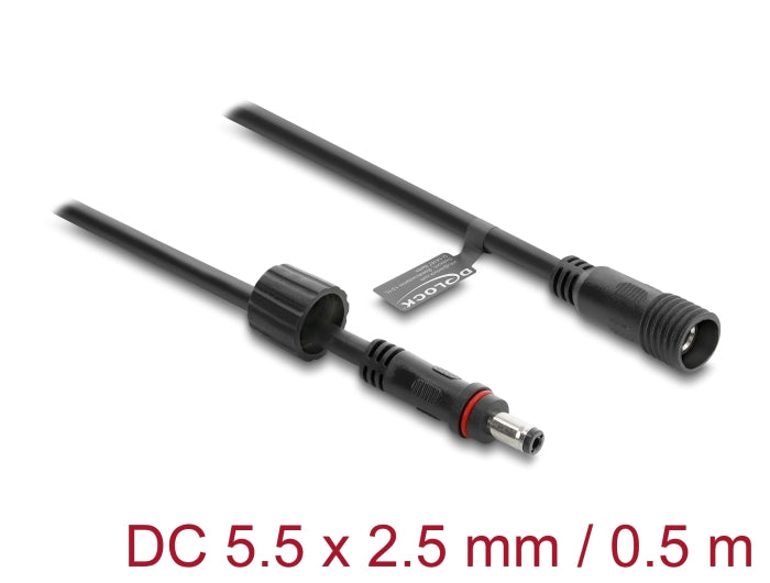 Delock DC Verlängerungskabel 5,5 x 2,5 mm Stecker zu Buchse mit Schraubverschluss M12 x 1,75 mm Gewinde wasserfest 18 AWG, 0,5 m schwarz