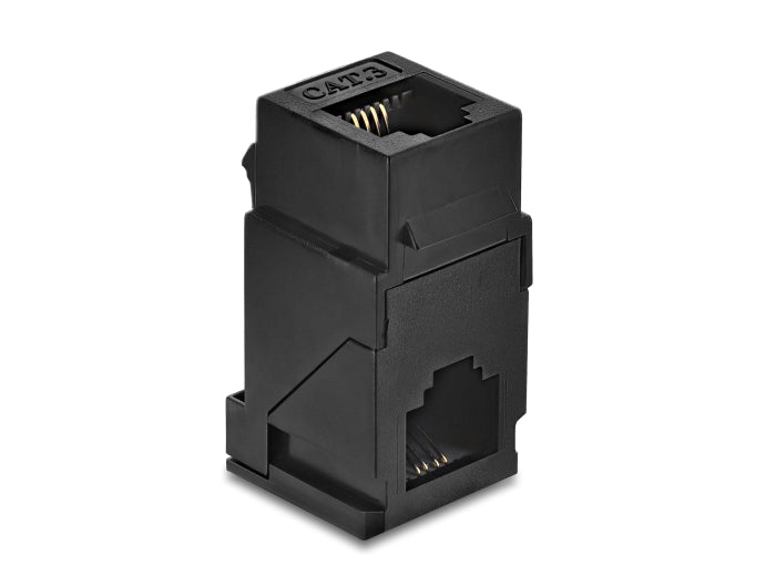 Delock Keystone Modul Kupplung RJ14 Buchse zu RJ14 Buchse 90° gewinkelt Cat.3 Kunststoff schwarz