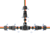 Delock Kabelverbinder T-Form mit Klemmverbindung 3 Pin, IP68 wasserdicht für Kabeldurchmesser 5 - 9 mm, inkl. Dichtungen für 9 - 12 mm, werkzeugfrei schwarz