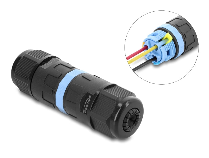 Delock Kabelverbinder mit Klemmverbindung 3 Pin, IP68 wasserdicht für Kabeldurchmesser 5 - 9 mm, inkl. Dichtungen für 9 - 12 mm, werkzeugfrei schwarz