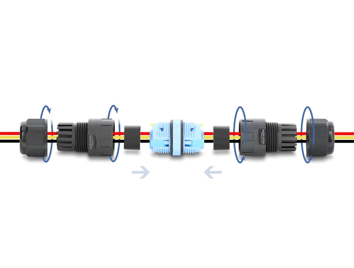 Delock Kabelverbinder mit Klemmverbindung 3 Pin, IP68 wasserdicht für Kabeldurchmesser 5 - 9 mm, inkl. Dichtungen für 9 - 12 mm, werkzeugfrei schwarz