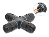 Delock Kabelverbinder X-Form mit Klemmverbindung 3 Pin, IP68 wasserdicht für Kabeldurchmesser 5 - 9 mm, inkl. Dichtungen für 9 - 12 mm, werkzeugfrei schwarz