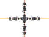 Delock Kabelverbinder X-Form mit Klemmverbindung 3 Pin, IP68 wasserdicht für Kabeldurchmesser 5 - 9 mm, inkl. Dichtungen für 9 - 12 mm, werkzeugfrei schwarz