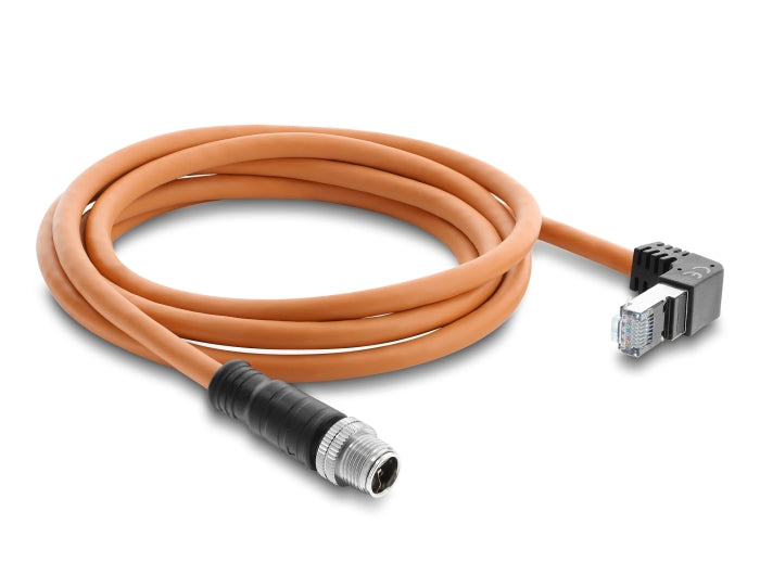 Delock M12 Kabel X-kodiert 8 Pin Stecker gerade zu RJ45 Stecker nach oben gewinkelt S/FTP geschirmt 2 m orange