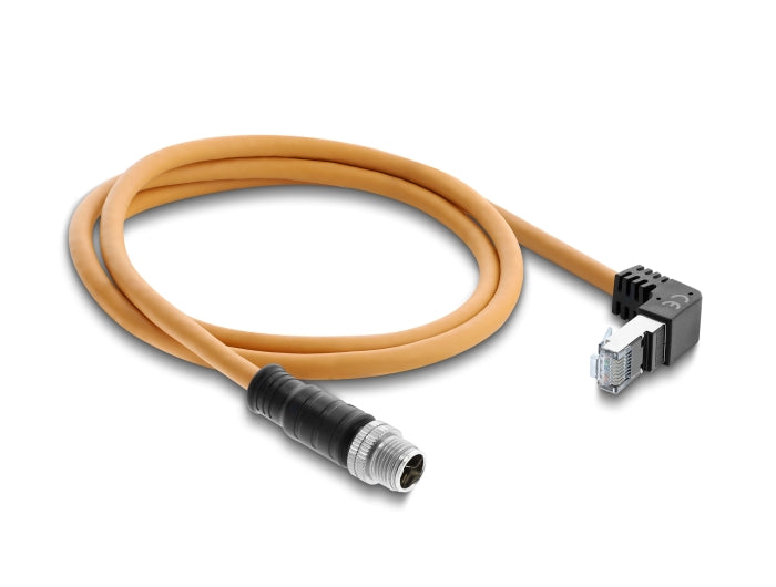 Delock M12 Kabel X-kodiert 8 Pin Stecker gerade zu RJ45 Stecker nach oben gewinkelt S/FTP geschirmt 1 m orange