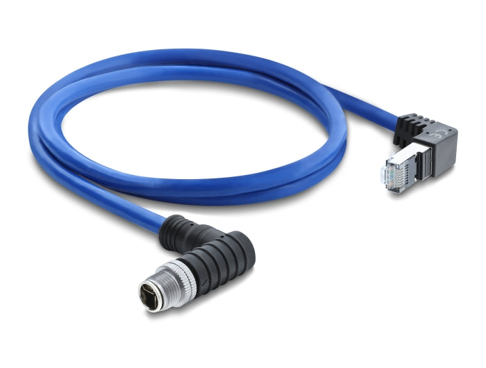 Delock M12 Kabel X-kodiert 8 Pin Stecker nach unten gewinkelt zu RJ45 Stecker nach oben gewinkelt S/FTP geschirmt 1 m blau