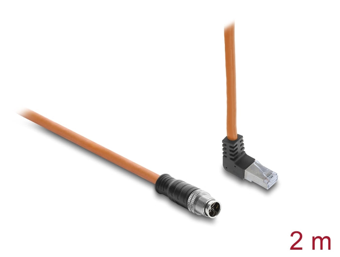 Delock M12 Kabel X-kodiert 8 Pin Stecker gerade zu RJ45 Stecker nach oben gewinkelt S/FTP geschirmt 2 m orange