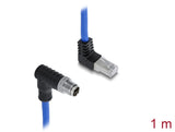 Delock M12 Kabel X-kodiert 8 Pin Stecker nach unten gewinkelt zu RJ45 Stecker nach oben gewinkelt S/FTP geschirmt 1 m blau