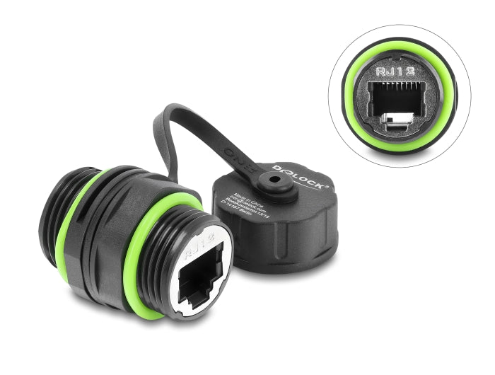 Delock Kabelverbinder RJ12 Buchse zu RJ12 Buchse mit M20 x 1,5 mm Gewinde und Verschlusskappe IP68 staub- und wasserdicht