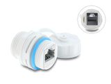 Delock Kabelverbinder RJ45 Buchse zu RJ45 Buchse Cat.6A mit M23.5 x 1,5 mm Gewinde und Verschlusskappe IP68 staub- und wasserdicht weiß