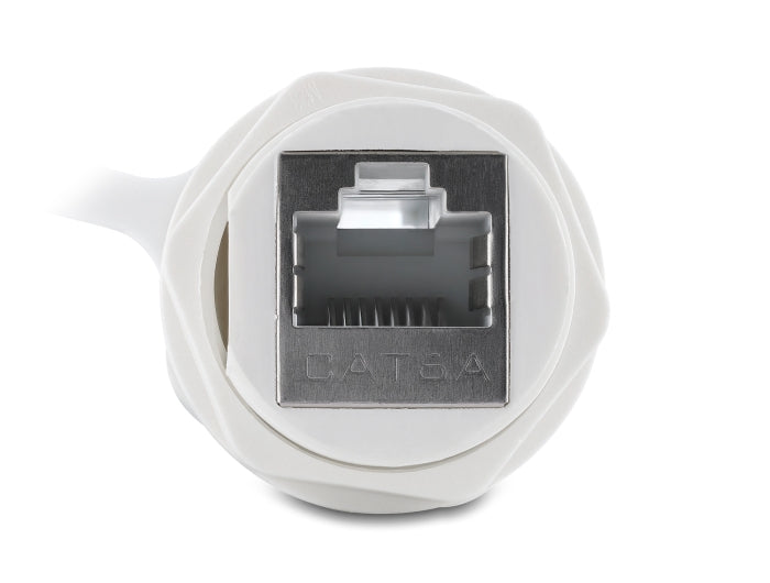 Delock Kabelverbinder RJ45 Buchse zu RJ45 Buchse Cat.6A mit M23.5 x 1,5 mm Gewinde und Verschlusskappe IP68 staub- und wasserdicht weiß