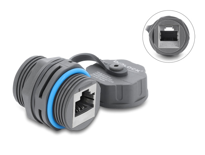 Delock Kabelverbinder RJ45 Buchse zu RJ45 Buchse Cat.6A mit M23.5 x 1,5 mm Gewinde und Verschlusskappe IP68 staub- und wasserdicht grau
