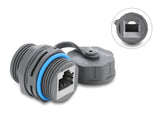 Delock Kabelverbinder RJ45 Buchse zu RJ45 Buchse Cat.6A mit M23.5 x 1,5 mm Gewinde und Verschlusskappe IP68 staub- und wasserdicht grau