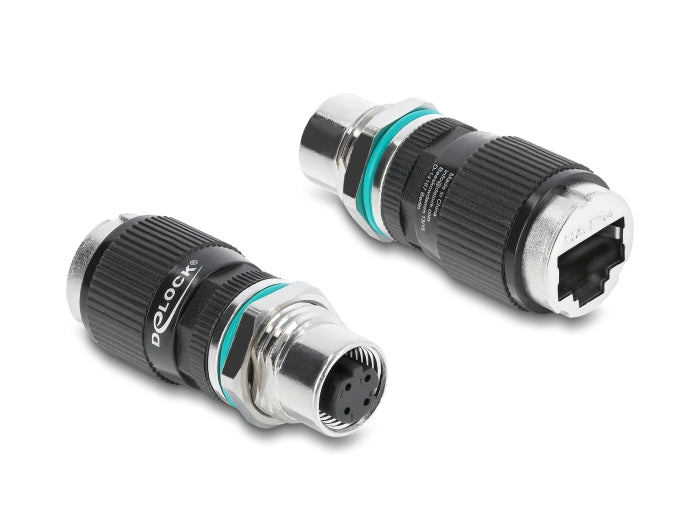 Delock M12 Adapter D-kodiert 4 Pin Buchse zu RJ45 Buchse zum Einbau rund gerade