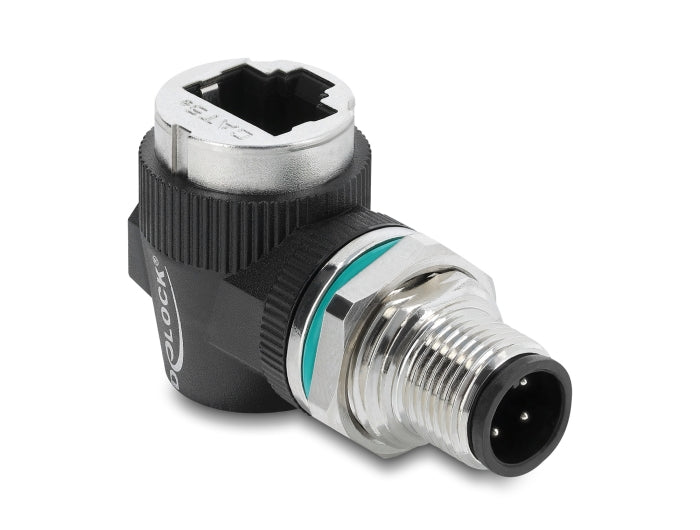 Delock M12 Adapter D-kodiert 4 Pin Stecker zu RJ45 Buchse zum Einbau rund 90° gewinkelt