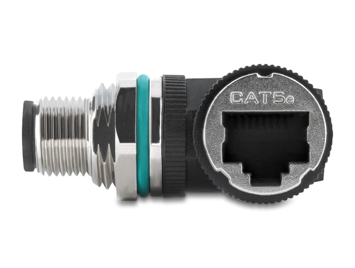 Delock M12 Adapter D-kodiert 4 Pin Stecker zu RJ45 Buchse zum Einbau rund 90° gewinkelt