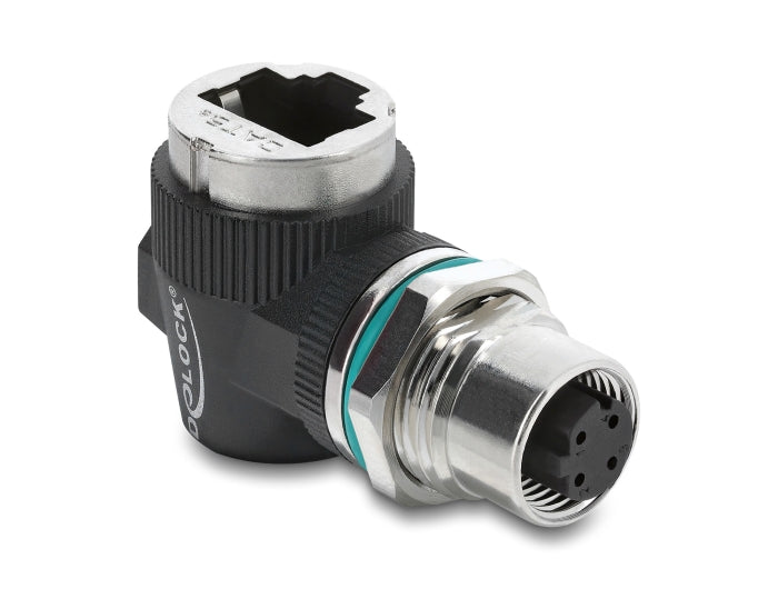 Delock M12 Adapter D-kodiert 4 Pin Buchse zu RJ45 Buchse zum Einbau rund 90° gewinkelt