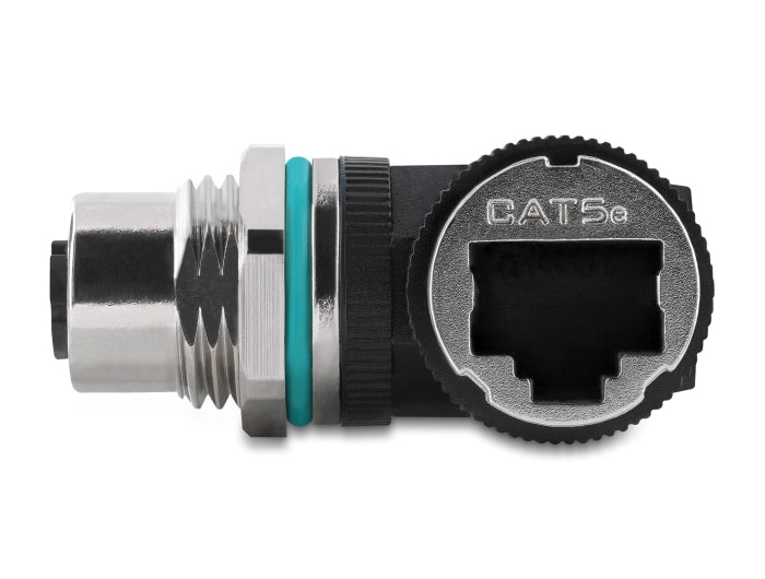 Delock M12 Adapter D-kodiert 4 Pin Buchse zu RJ45 Buchse zum Einbau rund 90° gewinkelt
