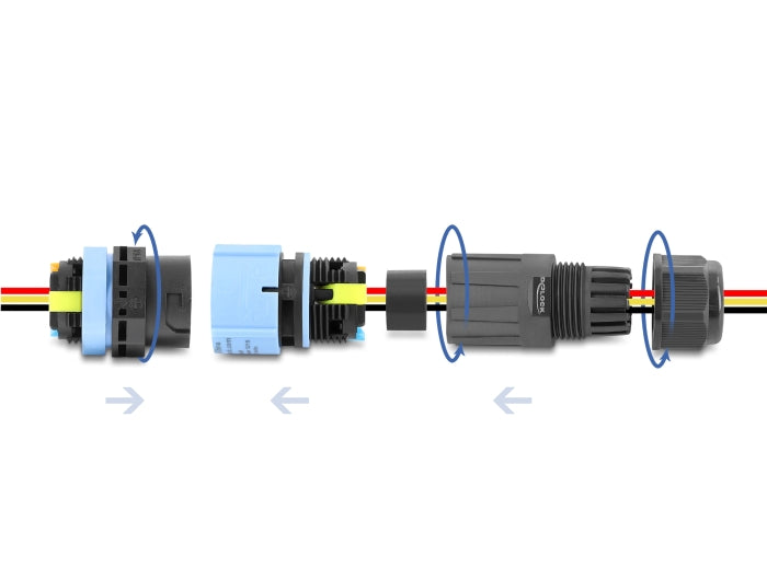 Delock Kabelverbinder mit Bajonettverschluss 3 Pin Stecker zu Buchse mit Gehäuse zum Einbau, IP68 wasserdicht für Kabeldurchmesser 5 - 9 mm, inkl. Dichtung für 9 - 12 mm werkzeugfrei schwarz