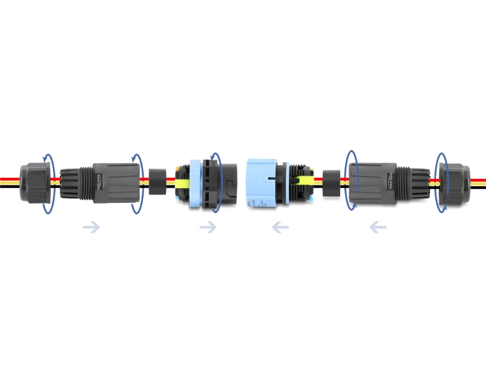 Delock Kabelverbinder mit Bajonettverschluss 3 Pin Stecker zu Buchse, IP68 wasserdicht für Kabeldurchmesser 5 - 9 mm, inkl. Dichtungen für 9 - 12 mm werkzeugfrei schwarz