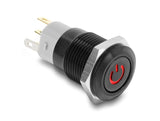 Delock Druckschalter zum Einbau schwarz 16 mm 12 V 5 x Lötanschluss LED rot rastend Powersymbol + Ring