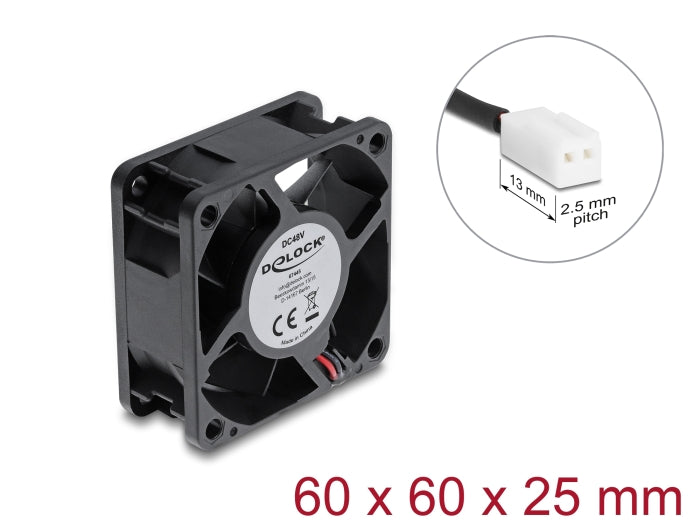 Delock Axiallüfter 48 V DC, 60 x 60 x 25 mm mit 2 Pin Lüfteranschluss schwarz