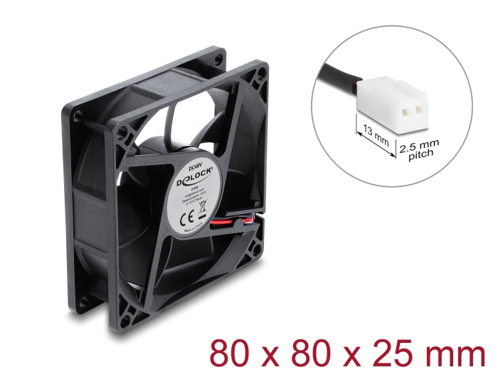 Delock Axiallüfter 48 V DC, 80 x 80 x 25 mm mit 2 Pin Lüfteranschluss schwarz