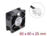 Delock Axiallüfter 48 V DC, 60 x 60 x 25 mm mit 4 Pin PWM Lüfteranschluss schwarz