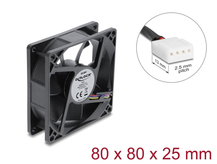 Delock Axiallüfter 48 V DC, 80 x 80 x 25 mm mit 4 Pin PWM Lüfteranschluss schwarz