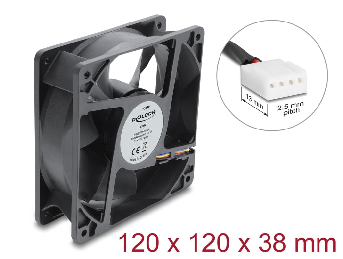 Delock Axiallüfter 48 V DC, 120 x 120 x 38 mm mit 4 Pin PWM Lüfteranschluss schwarz