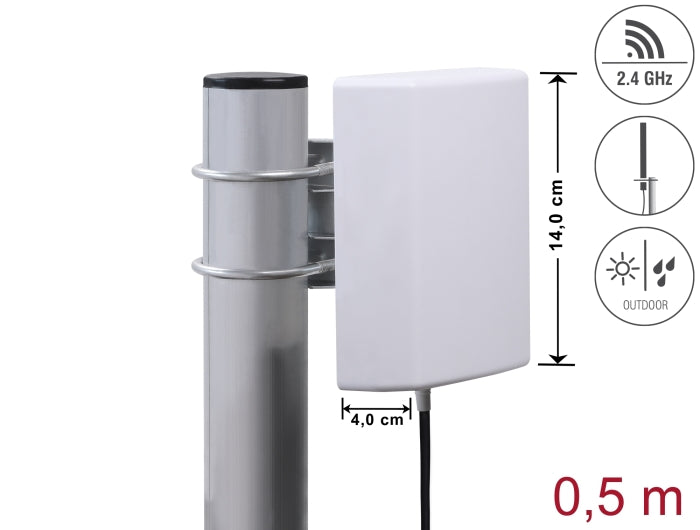 Delock WiFi 2,4 GHz Antenne N Stecker 8 dBi direktional mit Anschlusskabel RG-58, 50 cm weiß outdoor