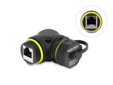 Delock Kabelverbinder RJ45 Buchse zu RJ45 Buchse Cat.6 mit M23 x 1,5 mm Gewinde und Verschlusskappe 90° gewinkelt IP68 staub- und wasserdicht schwarz