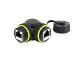 Delock Kabelverbinder RJ45 Buchse zu RJ45 Buchse Cat.6 mit M23 x 1,5 mm Gewinde und Verschlusskappe 90° gewinkelt IP68 staub- und wasserdicht schwarz