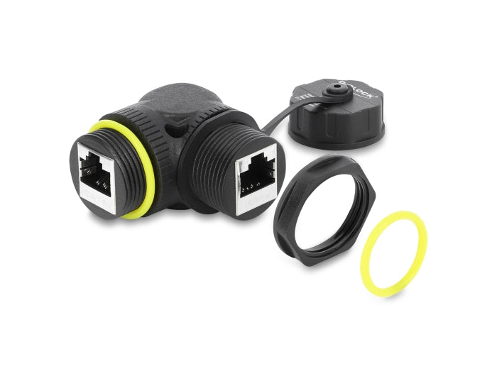 Delock Kabelverbinder RJ45 Buchse zu RJ45 Buchse Cat.6 mit M23 x 1,5 mm Gewinde und Verschlusskappe 90° gewinkelt IP68 staub- und wasserdicht schwarz