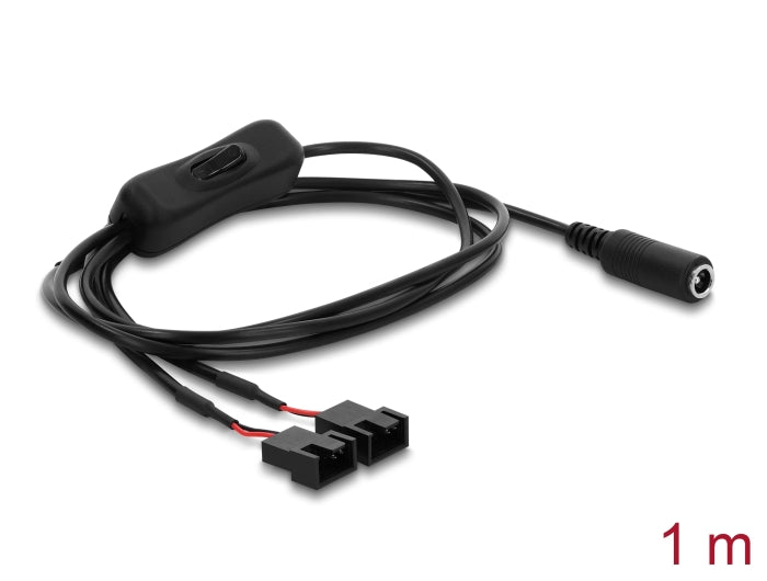Delock Lüfterkabel DC Buchse 5,5 x 2,1 mm zu 2 x 4 Pin Lüfteranschluss Stecker (2 Pins belegt) mit Schalter 1 m