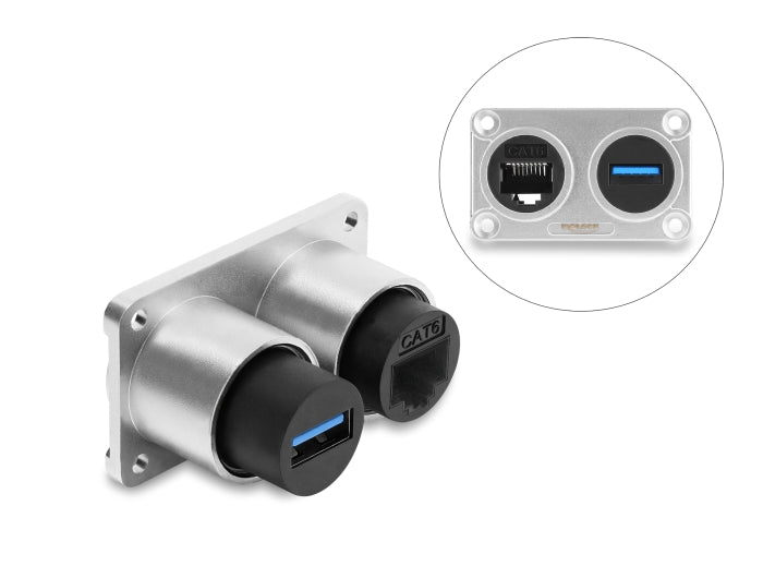 Delock Dual Einbaubuchse USB 5 Gbps Typ-A Buchse + RJ45 Buchse Cat.6 silber