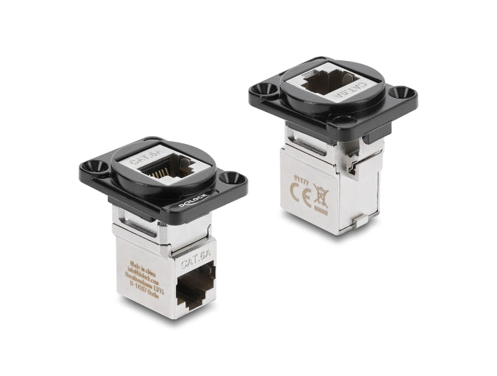 Delock D-Typ Modul RJ45 Buchse zu Buchse 90° gewinkelt Cat.6A schwarz / silber