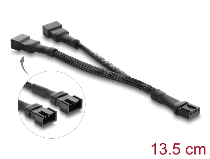 Delock Y-Lüfterkabel 1 x 4 Pin PWM Buchse zu 2 x 4 Pin PWM Stecker mit Geflechtummantelung 13,5 cm schwarz